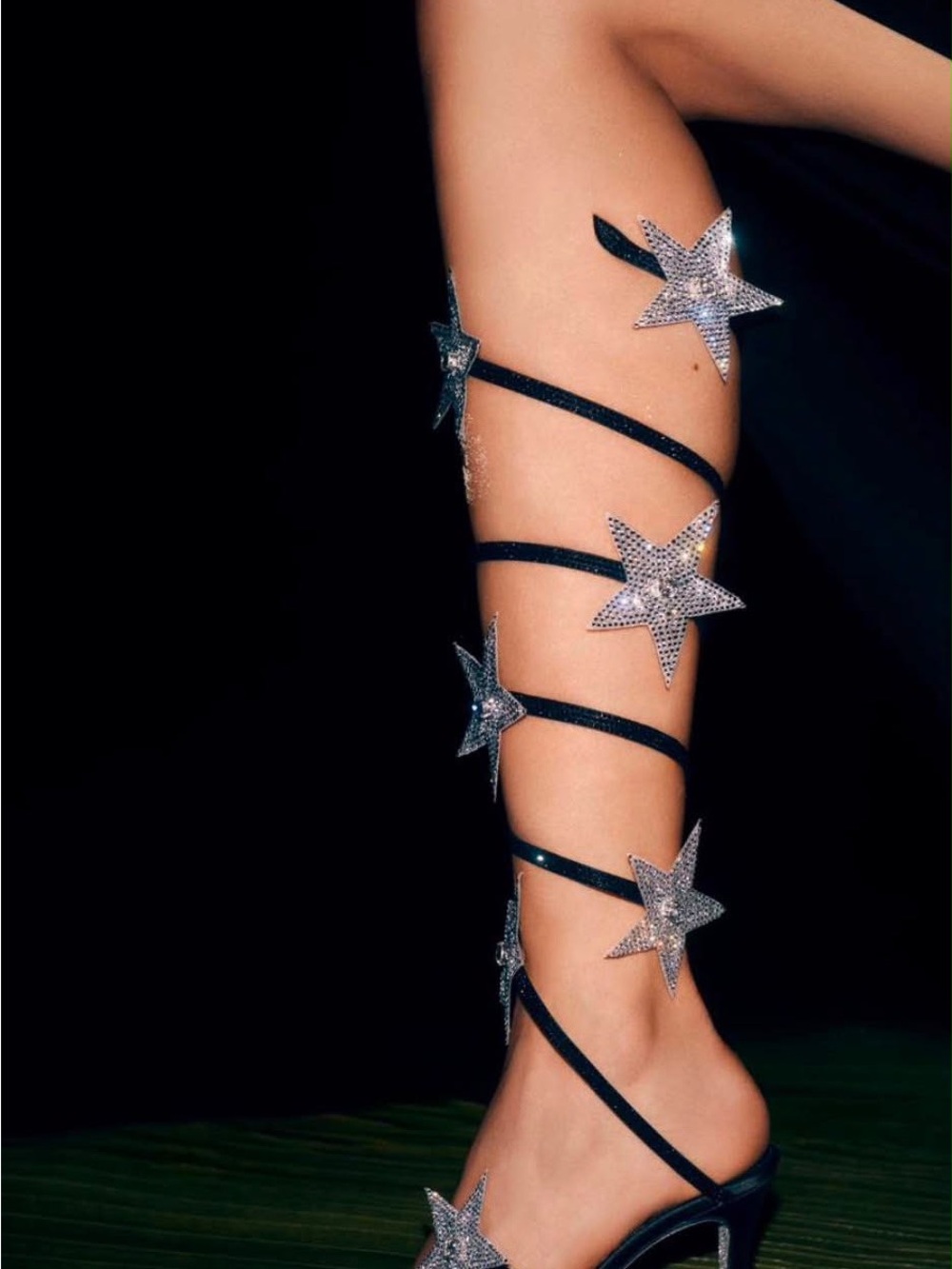 Rene Caovilla Black Wrap Sandals with Silver Crystal Stars